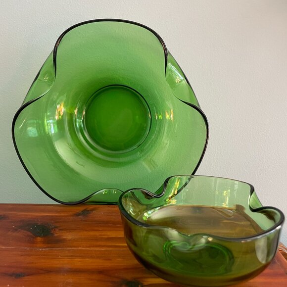 Vintage Anchor Hocking Folded Avocado Green Glass Bowls Chip & Dip Set MCM - Picture 3 of 7